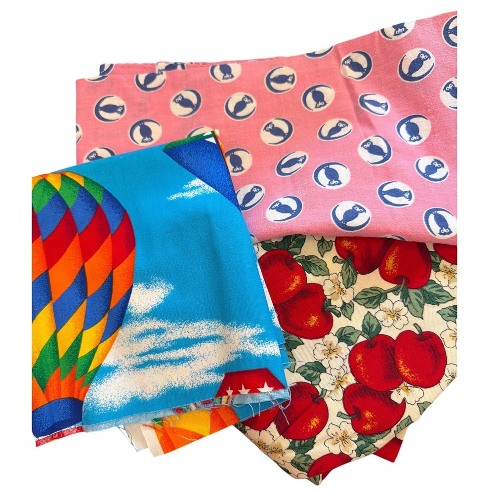Vintage Cranston Print Works Fabric Bundle Hot Air Balloon Apple Owl Kitsch DIY